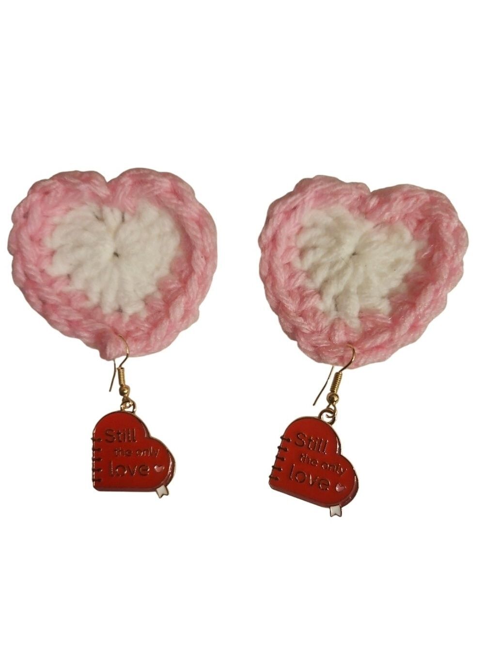 Handmade Heart-Shaped Red Earrings Pink and White Crochet 3" x 2"